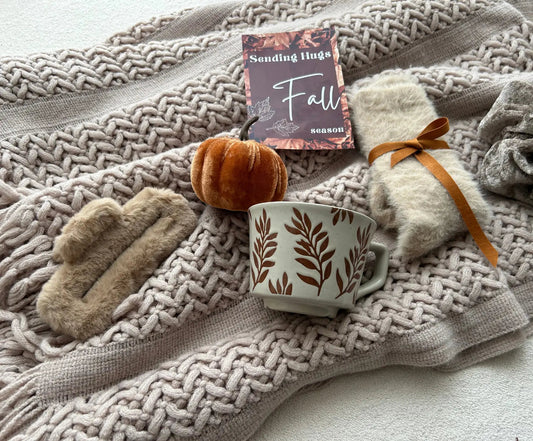 Sending Hugs in Fall Season Gift Basket with Blanket & Fall Leaf Mug - Basketful Gifts