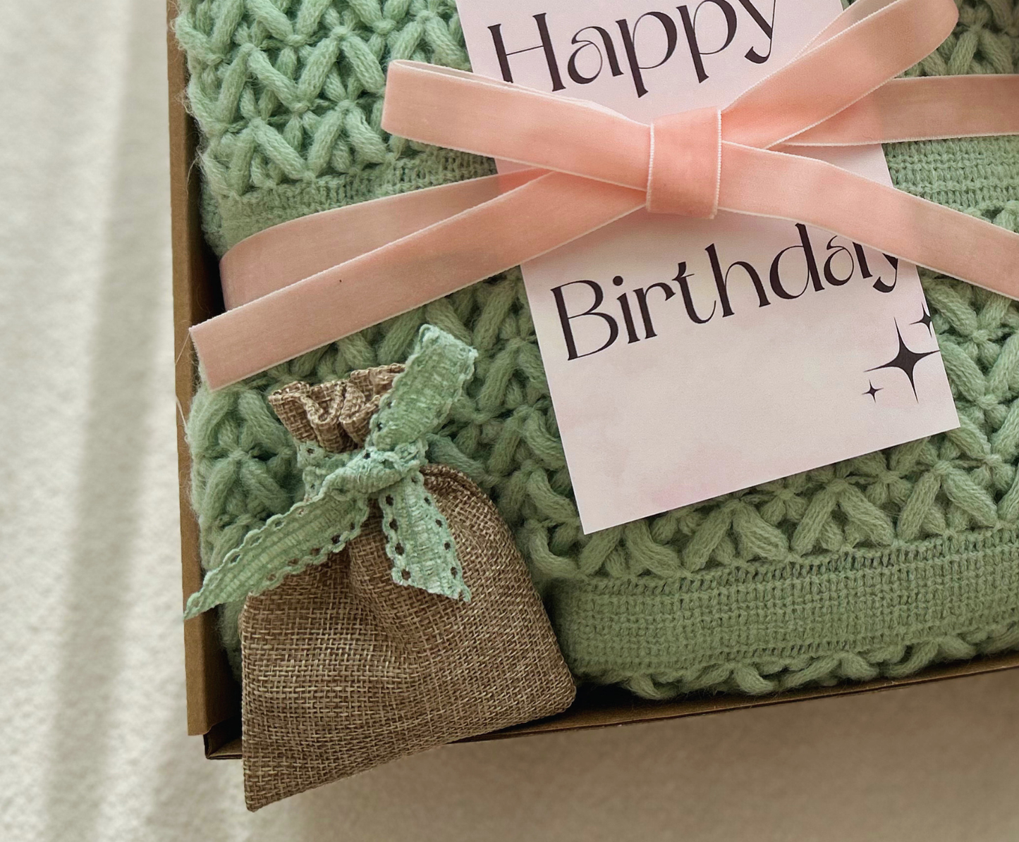 Birthday Gift for Her- Sage Green Cozy Blanket & Everlasting Crochet Bloom Basketful Gifts