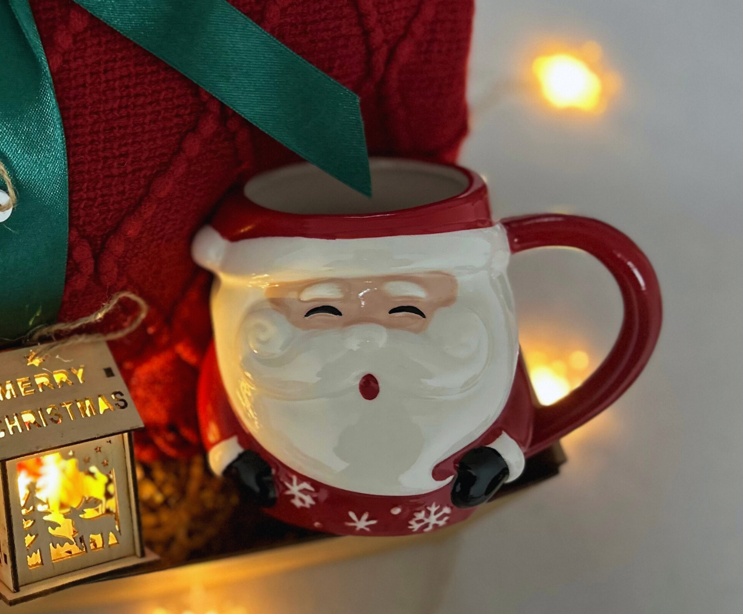 Christmas Gift Baskets for Her with Burgundy Cozy Blanket and Festive Santa Mug