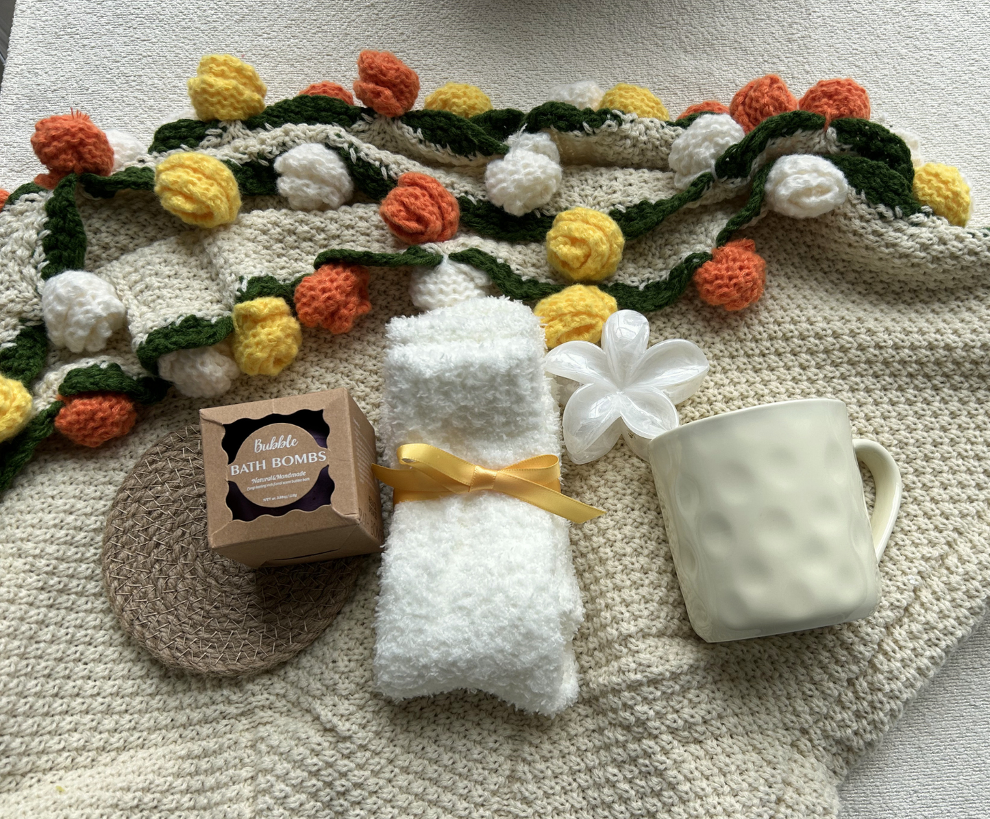 Crochet Flower Blanket Gift Basket Set – Handmade Floral Bouquet with Care Essentials