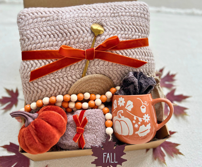 Sending Cozy Hugs Fall Care Package for Her with Blanket & Pumpkin Mug Basketful Gifts