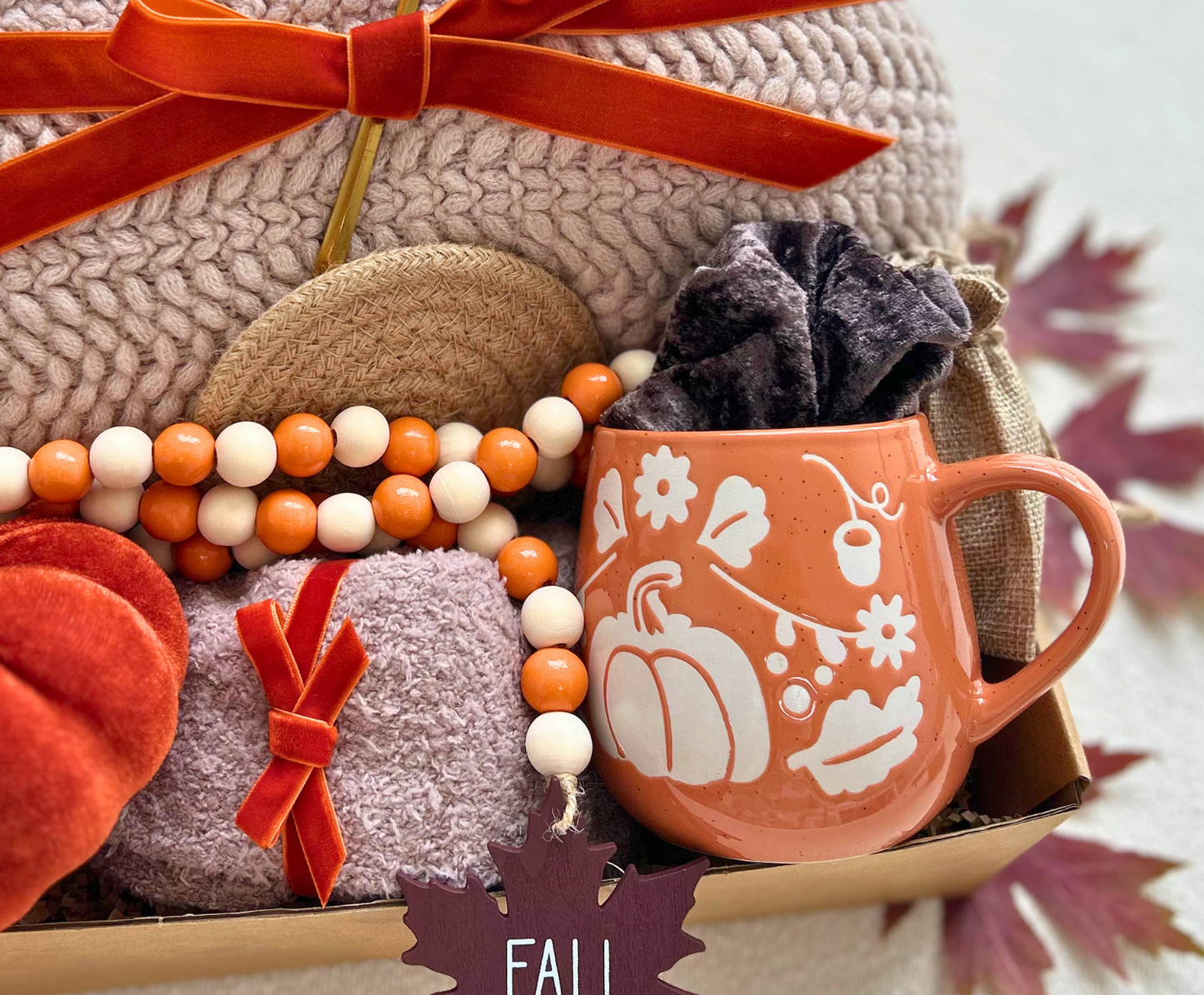Sending Cozy Hugs Fall Care Package for Her with Blanket & Pumpkin Mug Basketful Gifts