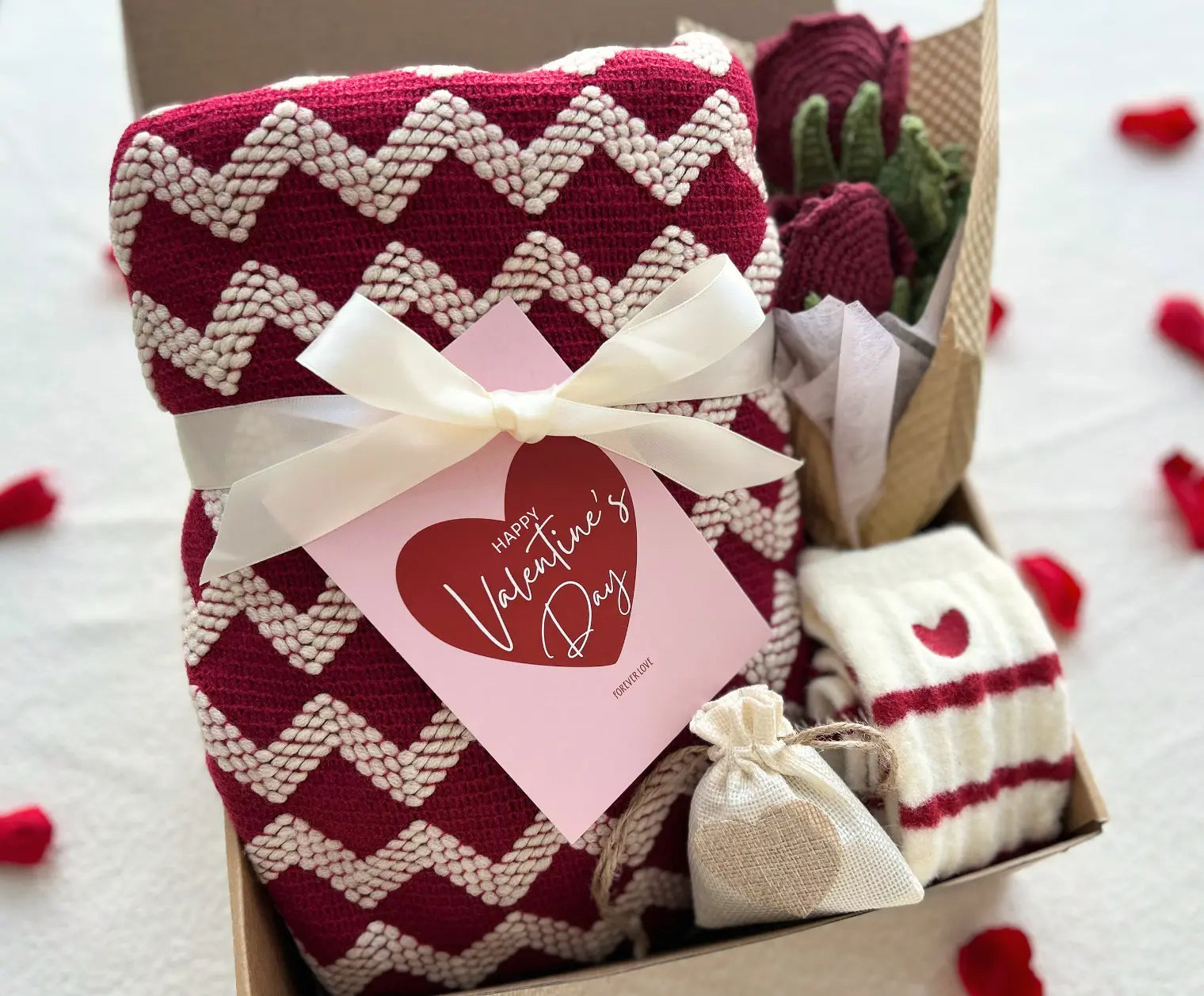 Romantic Valentine’s Gift for Her - with Burgundy Cozy Blanket and Crochet Rose Bouquet Basketful Gifts