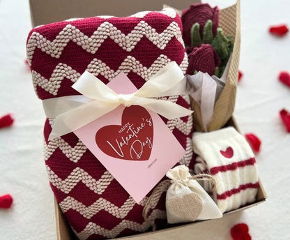 Romantic Valentine’s Gift for Her - with Burgundy Cozy Blanket and Crochet Rose Bouquet Basketful Gifts