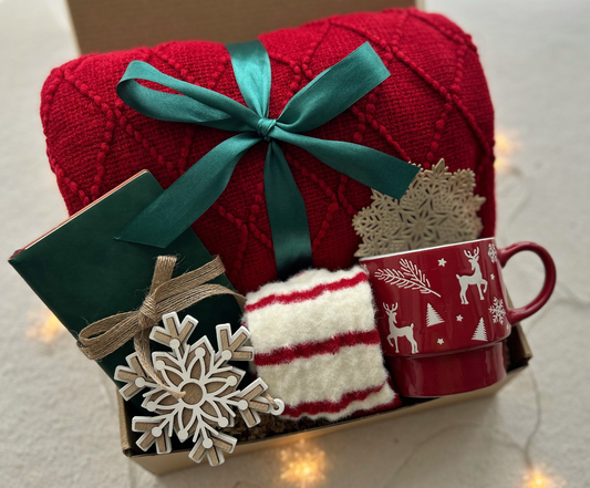 Christmas Theme Gift Basket with Blanket and Xmas Mug