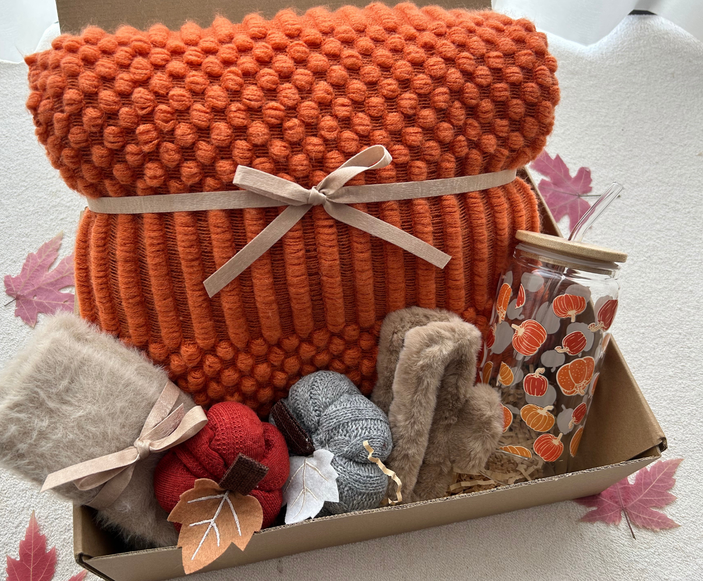 Thanksgiving Orange Theme Gift Basket with Blanket & Pumpkin Tumbler