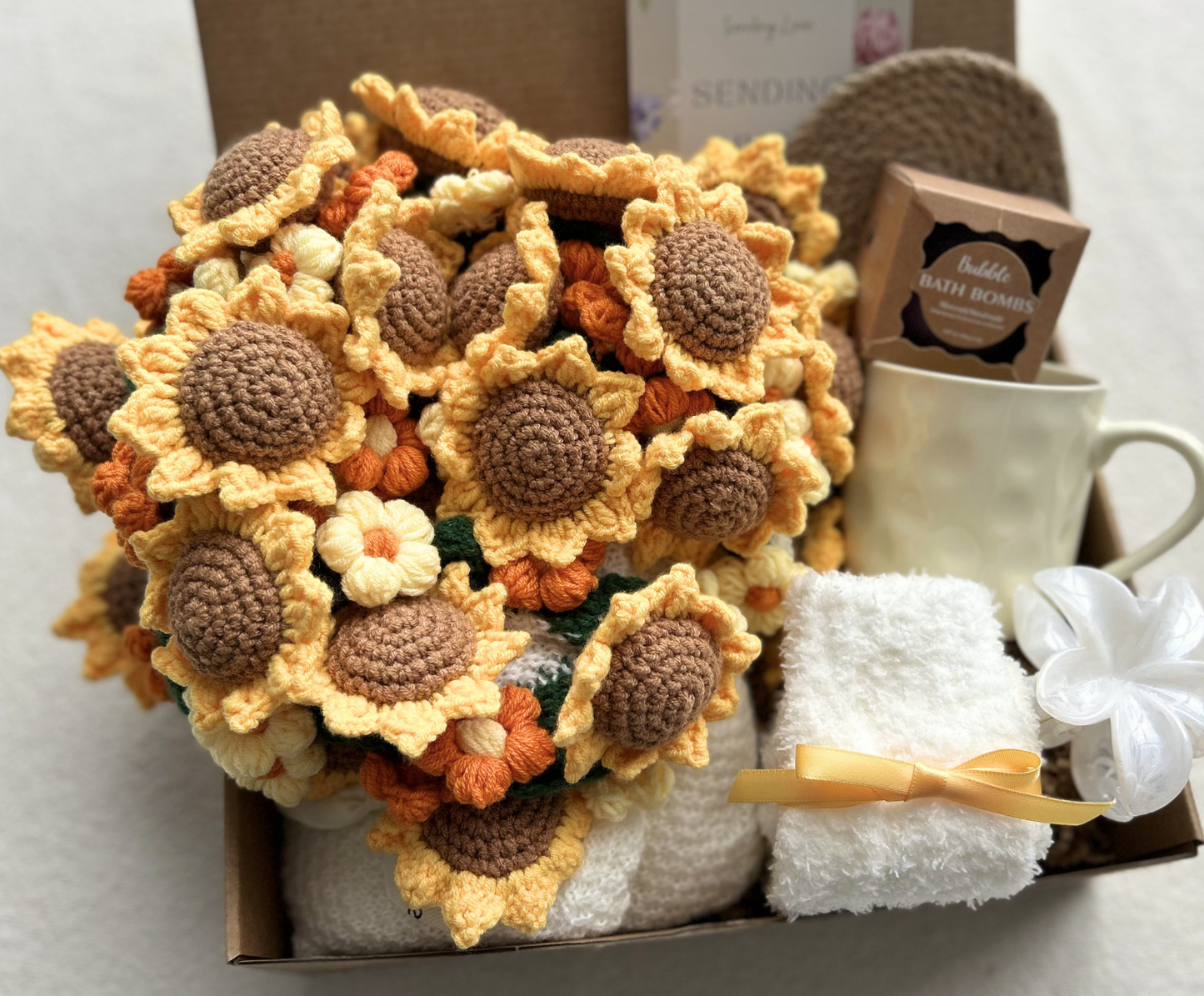 Get Well Soon Gift Basket with Handmade Crochet Sunflower Bouquet and Spa Essentials