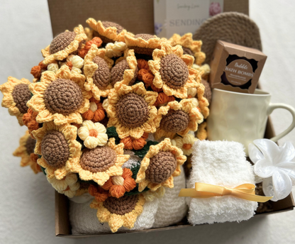 Get Well Soon Gift Basket with Handmade Crochet Sunflower Bouquet and Spa Essentials