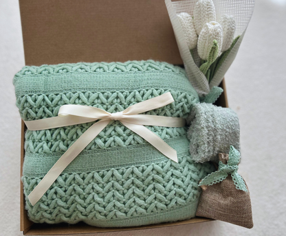 Sage Green Hygge Comfort Gift Box-Luxury Knit Blanket & Handmade Crochet Tulip Bouquet Basketful Gifts