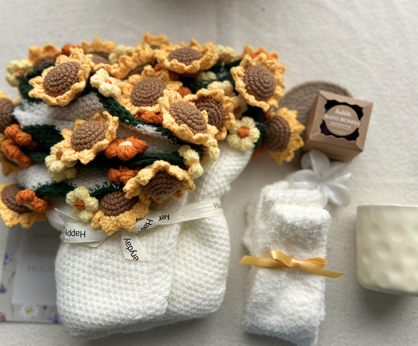 Get Well Soon Gift Basket with Handmade Crochet Sunflower Bouquet and Spa Essentials