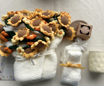 Get Well Soon Gift Basket with Handmade Crochet Sunflower Bouquet and Spa Essentials