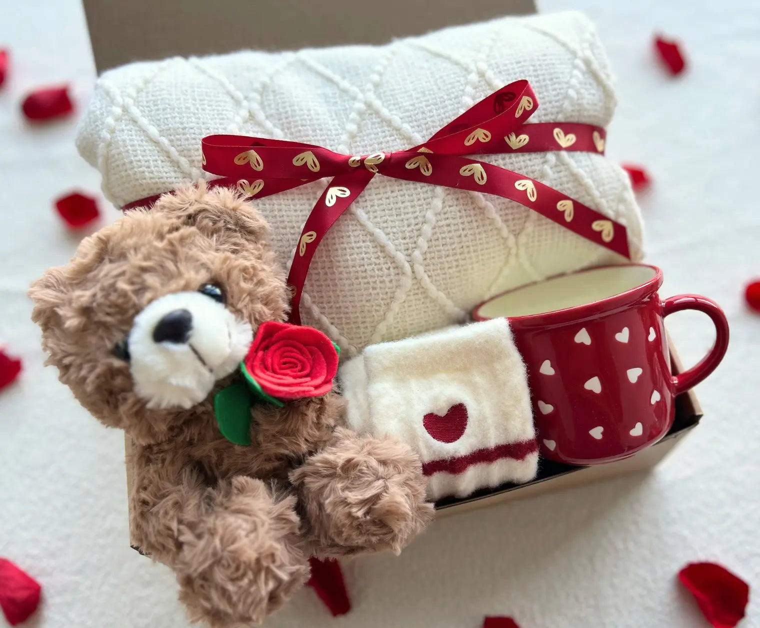 Luxury Valentine’s Day Gift Basket for Her – Teddy Bear, Cozy Knit Blanket & Heart Mug Set Basketful Gifts