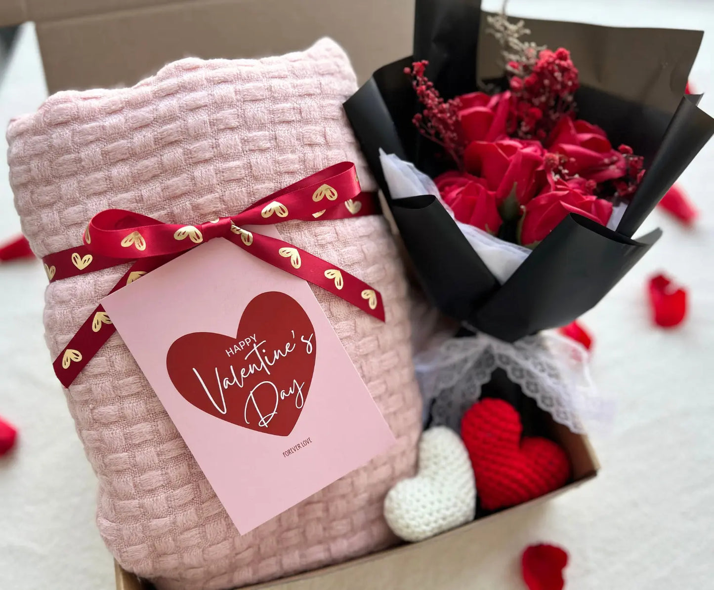 Romantic Valentine’s Gift for Her - with Pink Cozy Blanket and Crochet Rose Bouquet Basketful Gifts