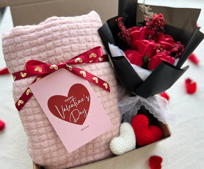 Romantic Valentine’s Gift for Her - with Pink Cozy Blanket and Crochet Rose Bouquet Basketful Gifts
