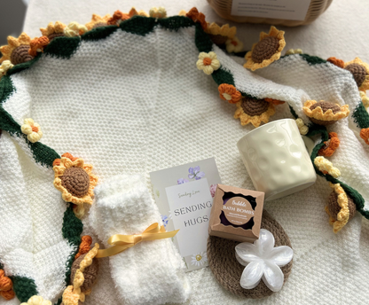 Get Well Soon Gift Basket with Handmade Crochet Sunflower Bouquet and Spa Essentials