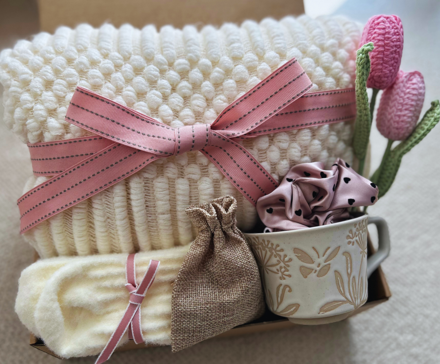 Pink Birthday Baskets with Cozy Blanket & Crochet Tulips Basketful Gifts