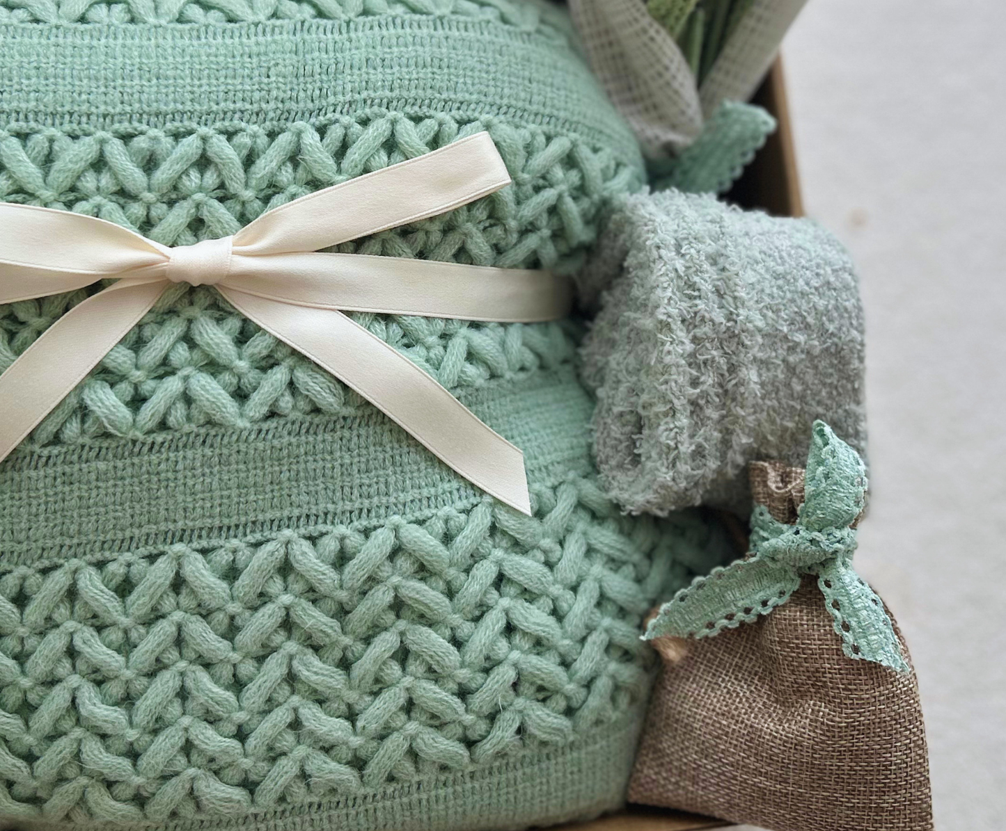 Sage Green Hygge Comfort Gift Box-Luxury Knit Blanket & Handmade Crochet Tulip Bouquet Basketful Gifts