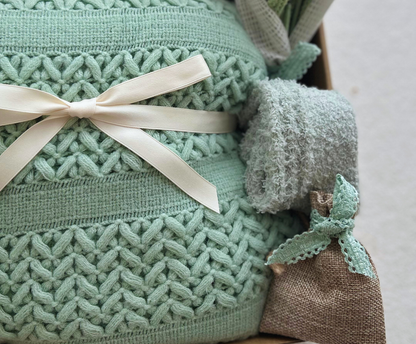 Sage Green Hygge Comfort Gift Box-Luxury Knit Blanket & Handmade Crochet Tulip Bouquet Basketful Gifts