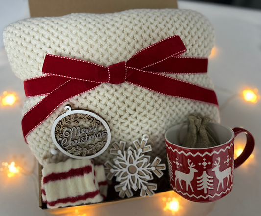 Christmas Gift Baskets with Burgundy Cozy Blanket and Festive Reindeer Mug