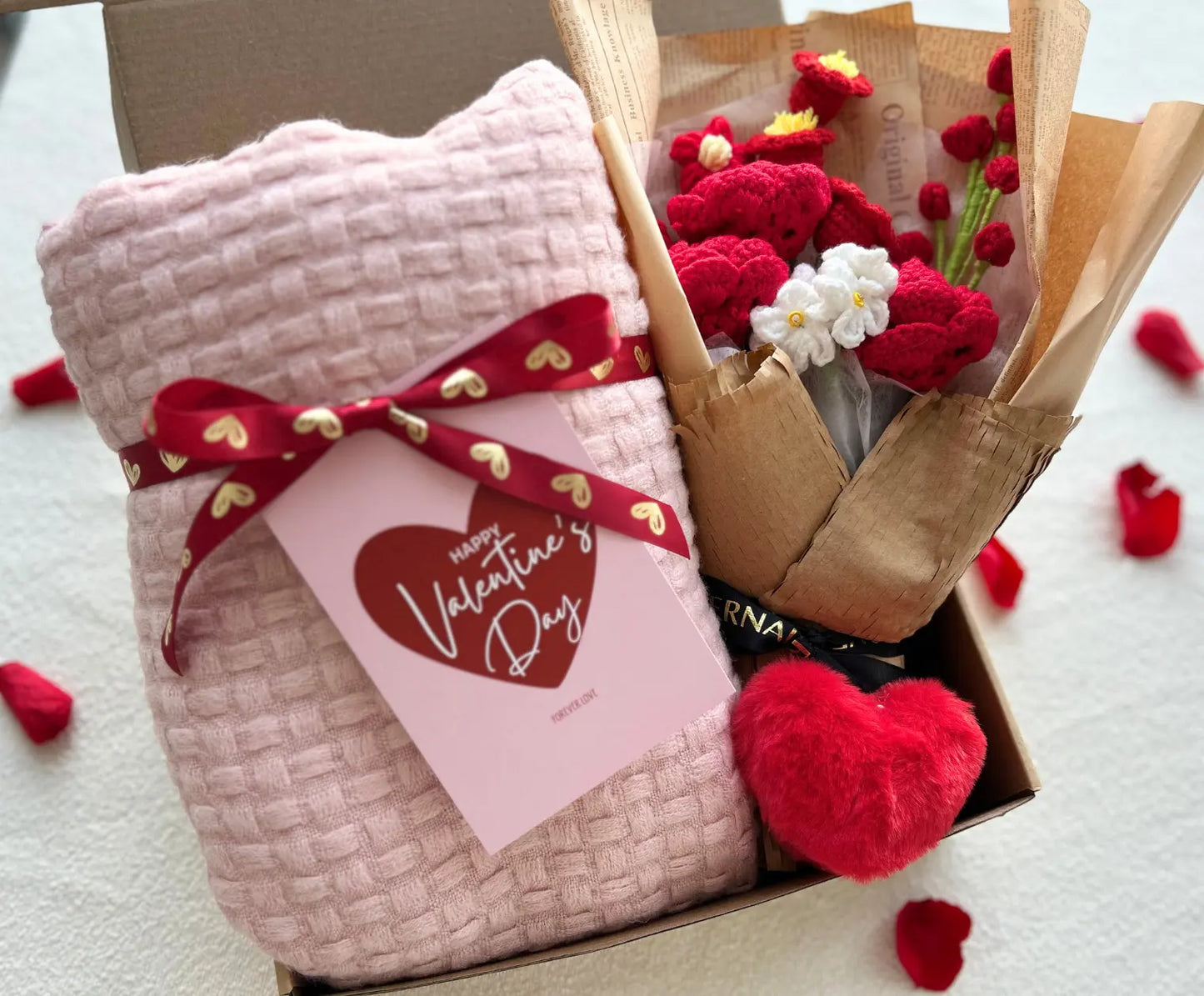 Romantic Valentine’s Gift for Her - with Pink Cozy Blanket and Crochet Rose Bouquet Basketful Gifts