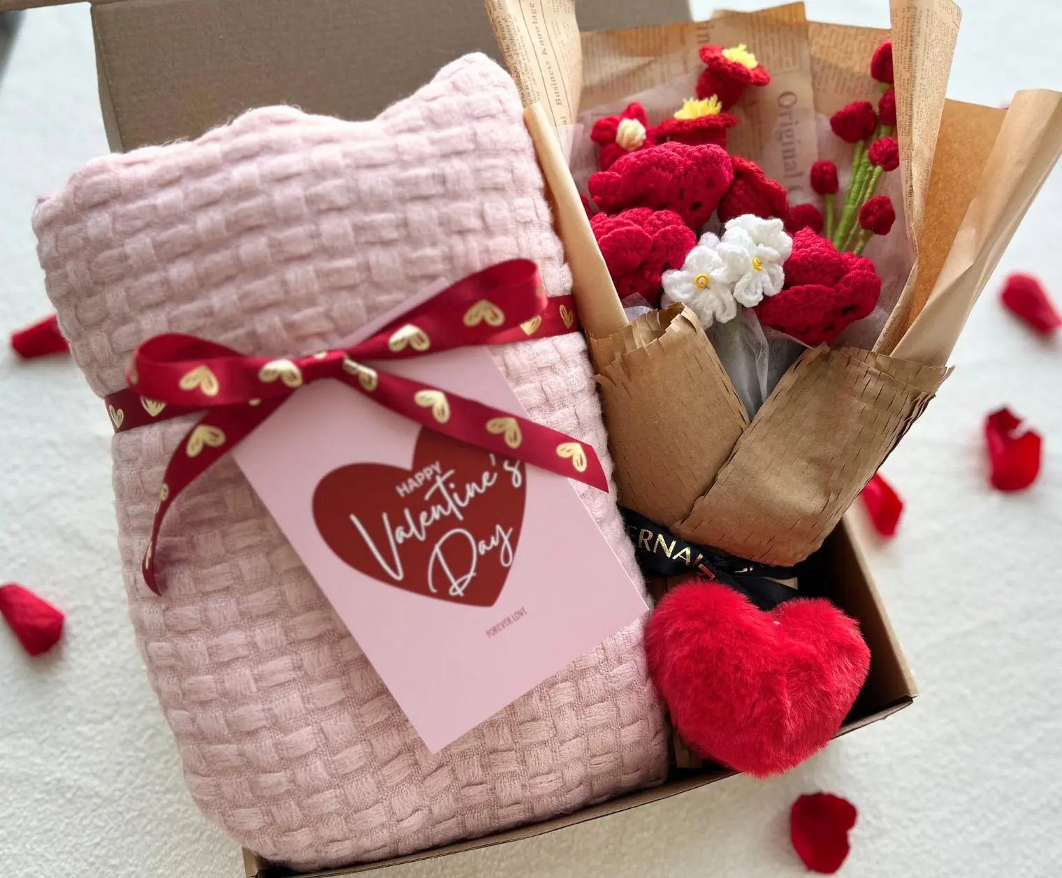 Romantic Valentine’s Gift for Her - with Pink Cozy Blanket and Crochet Rose Bouquet Basketful Gifts