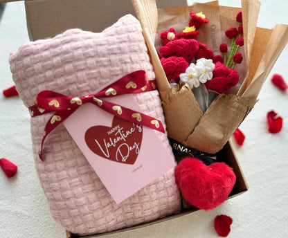 Romantic Valentine’s Gift for Her - with Pink Cozy Blanket and Crochet Rose Bouquet Basketful Gifts