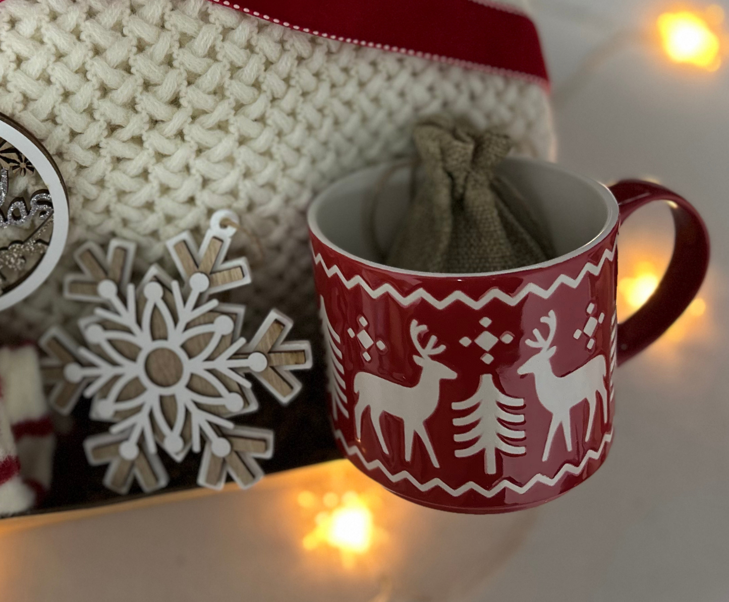 Christmas Gift Baskets with Burgundy Cozy Blanket and Festive Reindeer Mug
