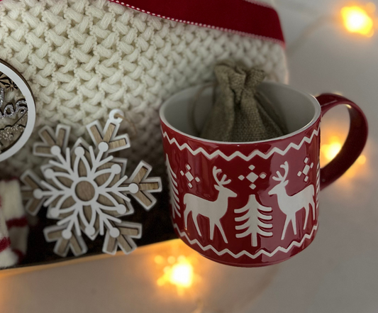 Christmas Gift Baskets with Burgundy Cozy Blanket and Festive Reindeer Mug