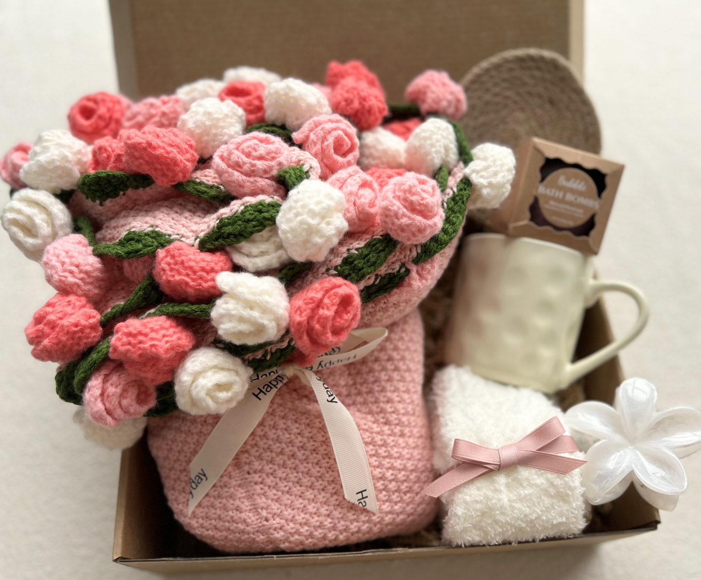 Crochet Flower Blanket Gift Basket Set – Handmade Floral Bouquet with Care Essentials