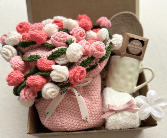 Happy Birthday Gift Basket for Best Friend – Handmade Crochet Flower Bouquet & Spa Set