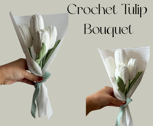 Sage Green Hygge Comfort Gift Box-Luxury Knit Blanket & Handmade Crochet Tulip Bouquet Basketful Gifts