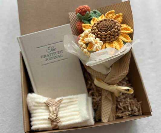 Sunshine Gratitude Gift Box: Sunflower Crochet Bouquet, Wellness Journal & Fuzzy Cozy Socks Basketful Gifts
