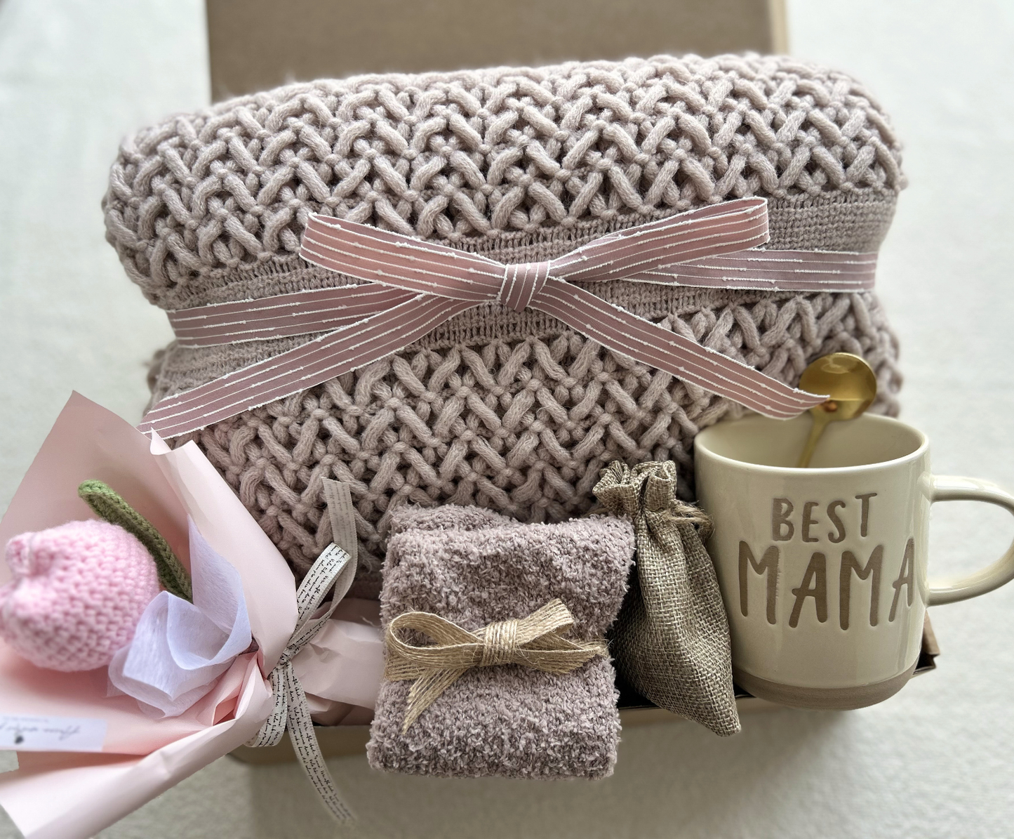 Cozy Gift Basket for Mom: "Best Mama" Mug, Fuzzy Socks & Waffle Blanket