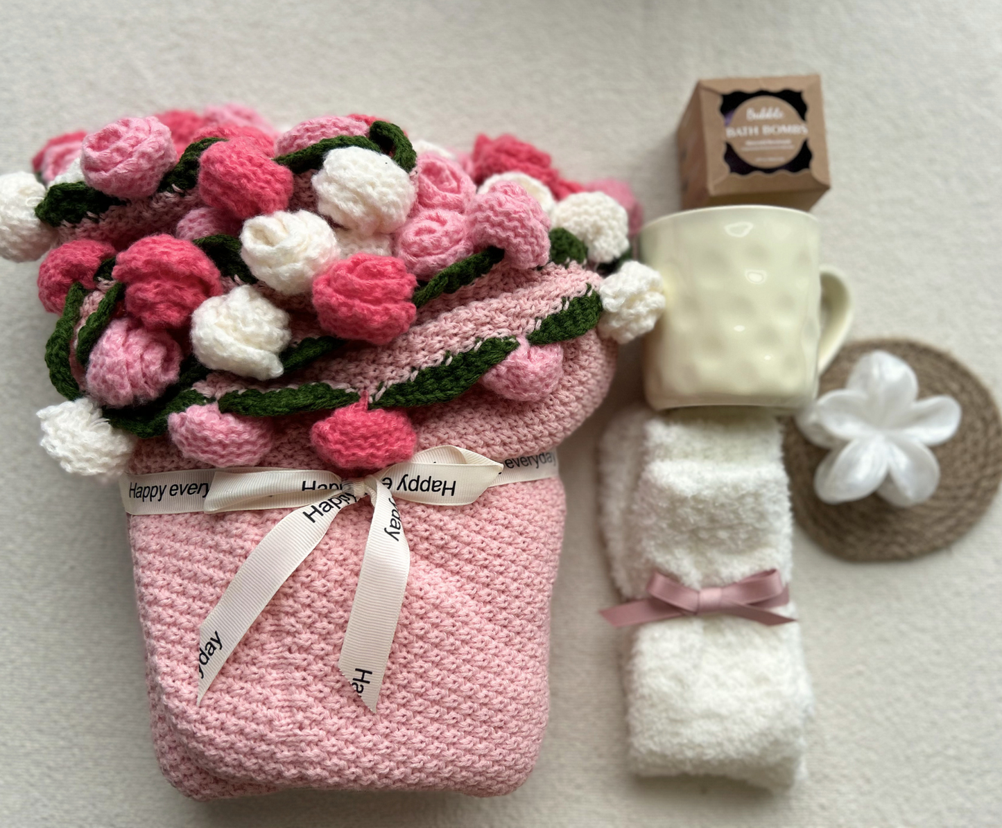 Crochet Flower Blanket Gift Basket Set – Handmade Floral Bouquet with Care Essentials