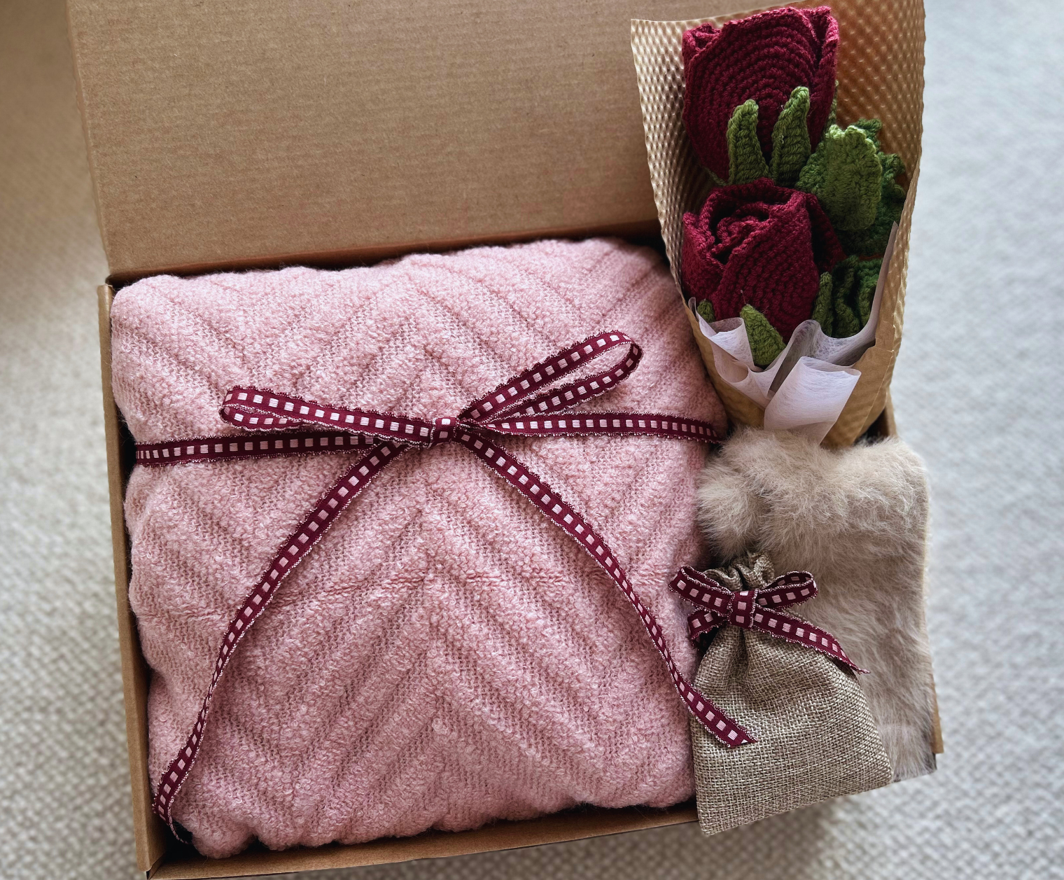 Pink Birthday Baskets with Cozy Blanket & Crochet Bouquet  (Roses) Basketful Gifts