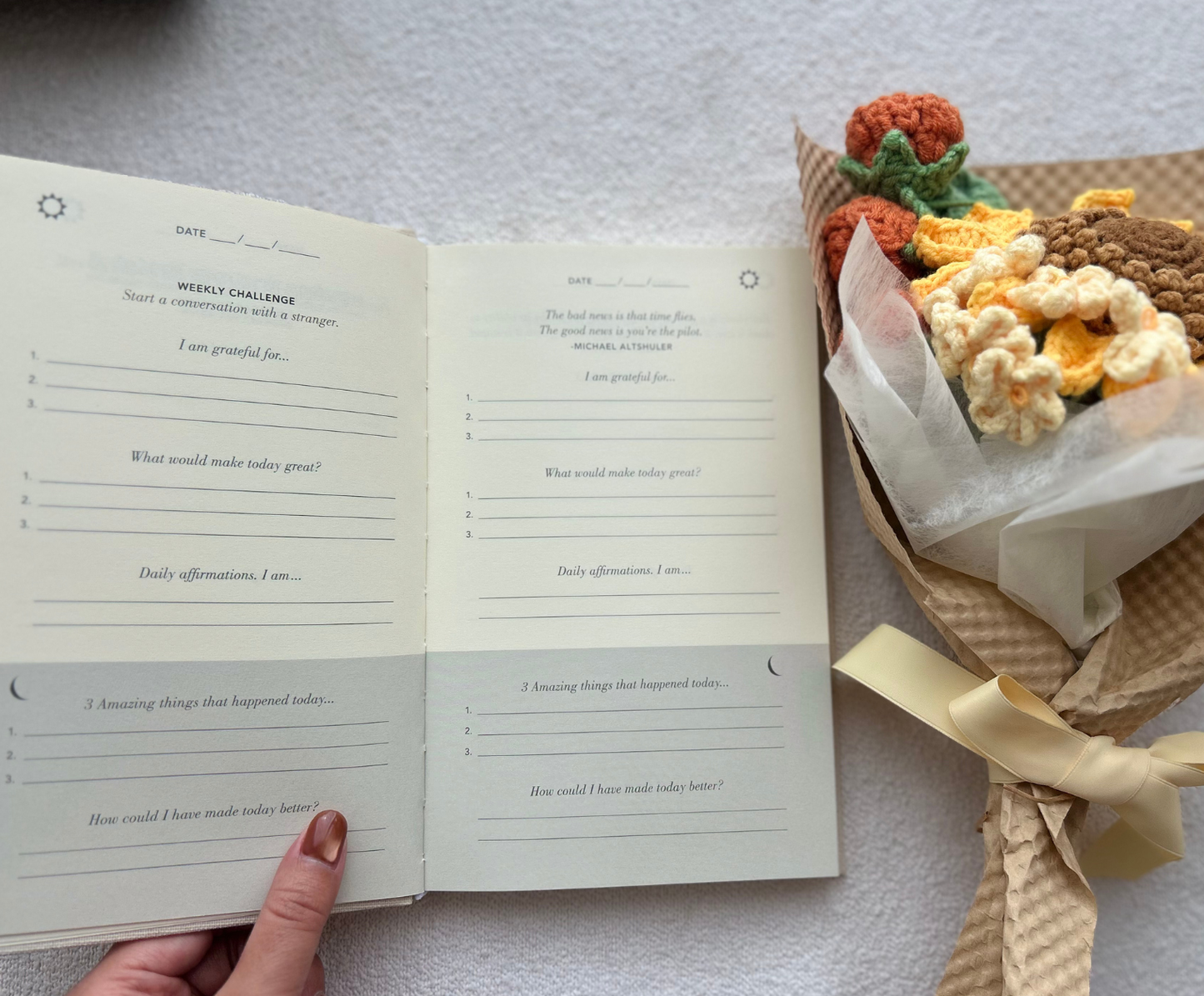 Sunshine Gratitude Gift Box: Sunflower Crochet Bouquet, Wellness Journal & Fuzzy Cozy Socks Basketful Gifts