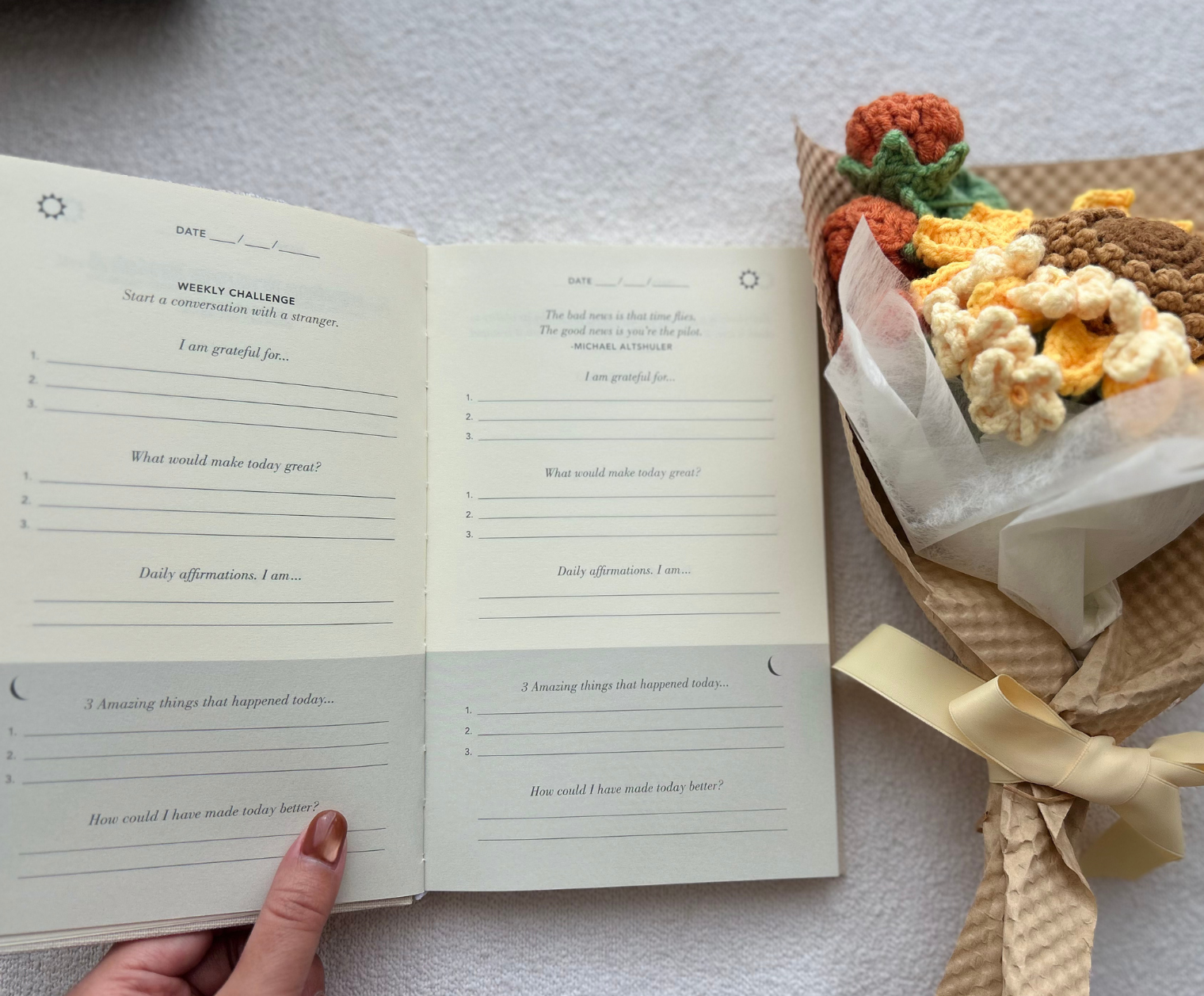 Sunshine Gratitude Gift Box: Sunflower Crochet Bouquet, Wellness Journal & Fuzzy Cozy Socks Basketful Gifts