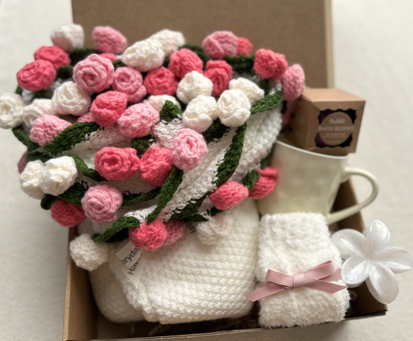 Crochet Flower Blanket Gift Basket Set – Handmade Floral Bouquet with Care Essentials