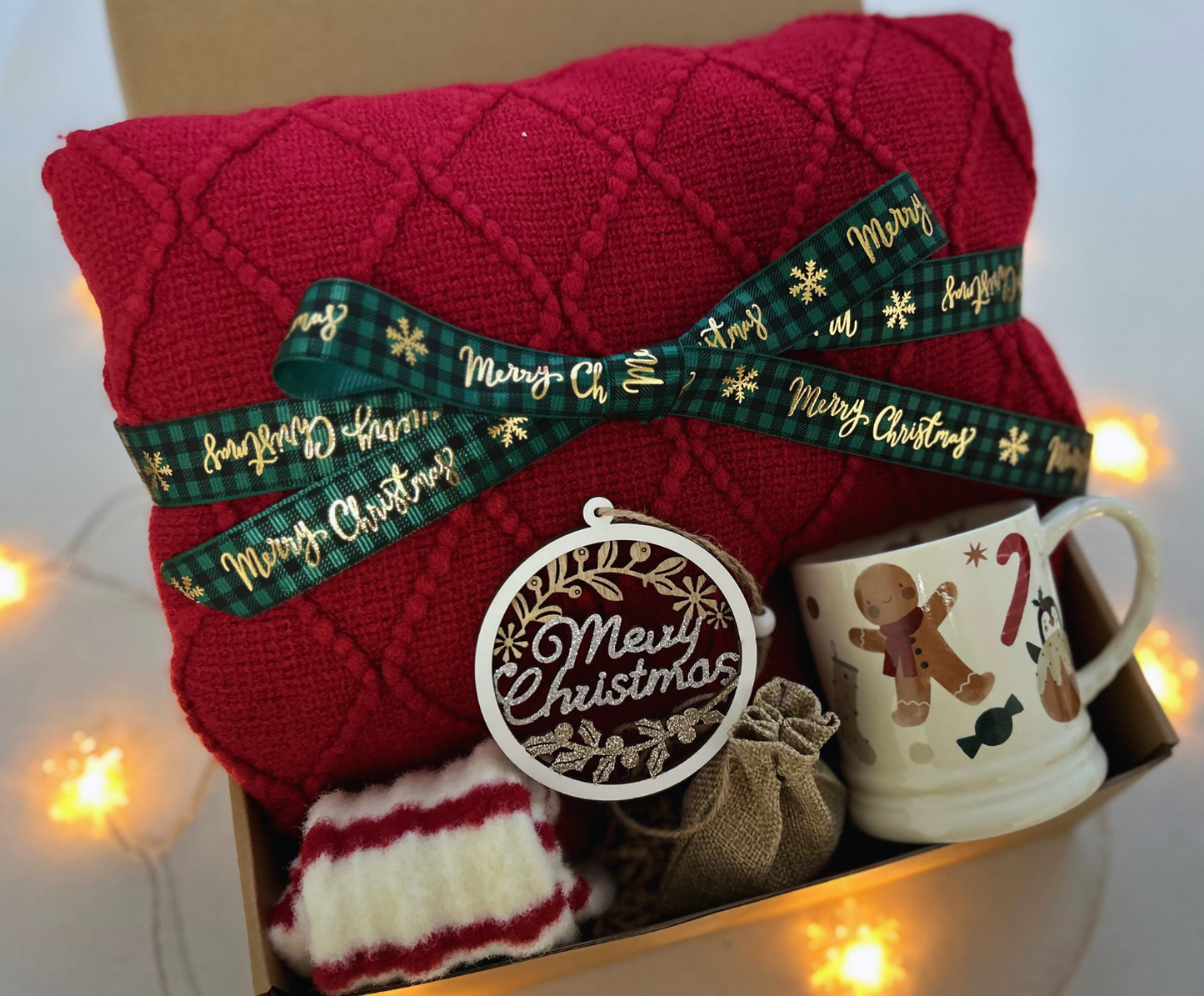 Christmas Gift Baskets with Burgundy Cozy Blanket and Festive Gingerbread Mug
