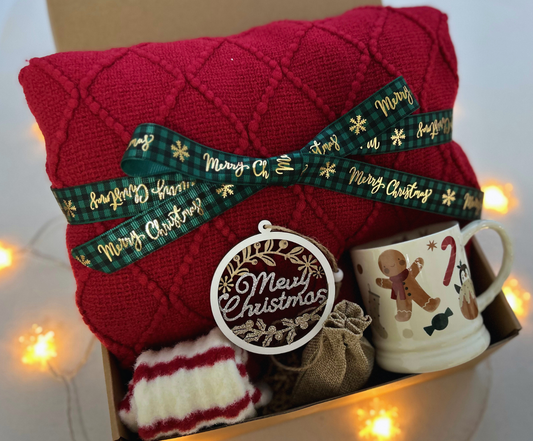 Christmas Gift Baskets with Burgundy Cozy Blanket and Festive Gingerbread Mug