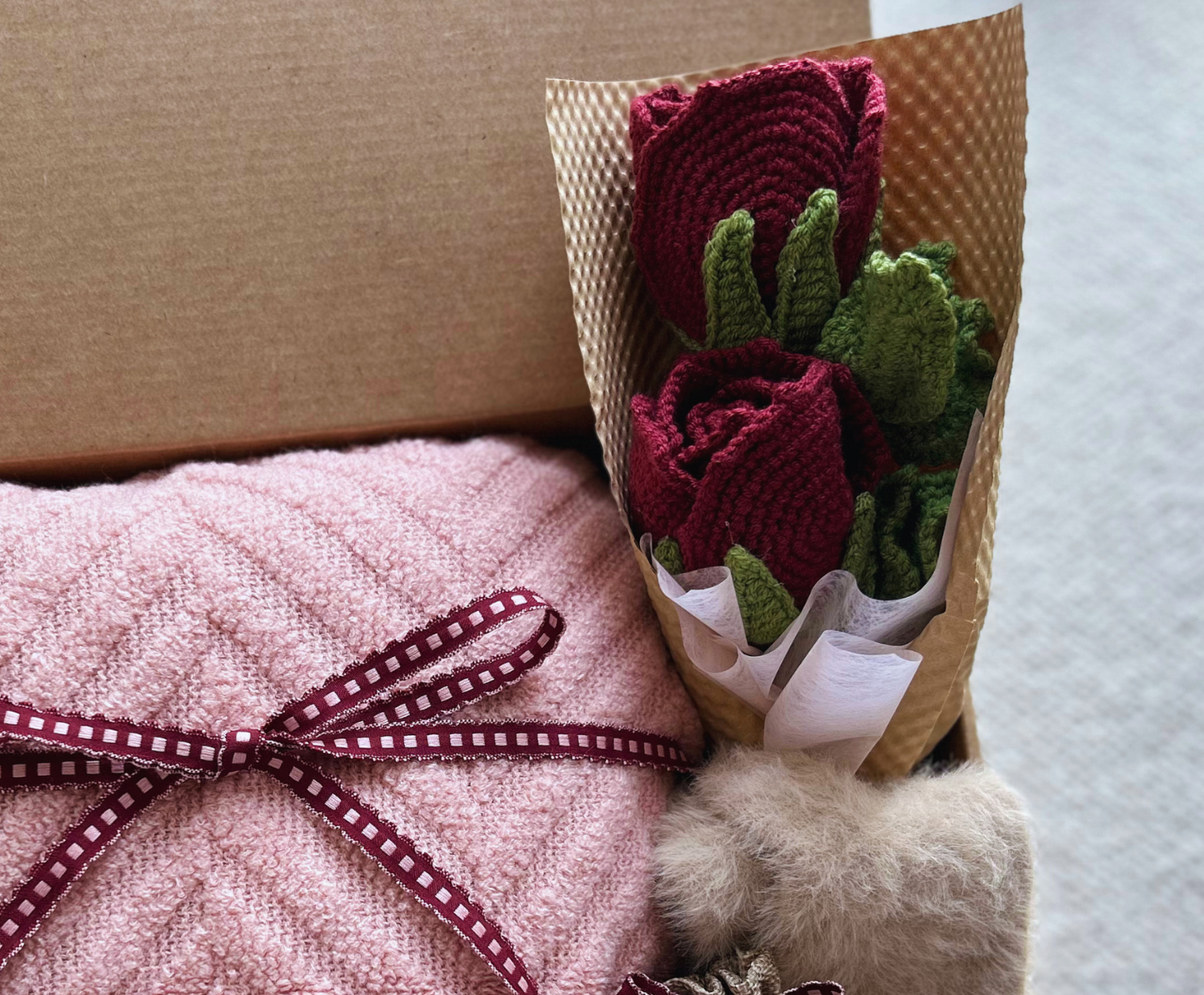 Pink Birthday Baskets with Cozy Blanket & Crochet Bouquet  (Roses) Basketful Gifts