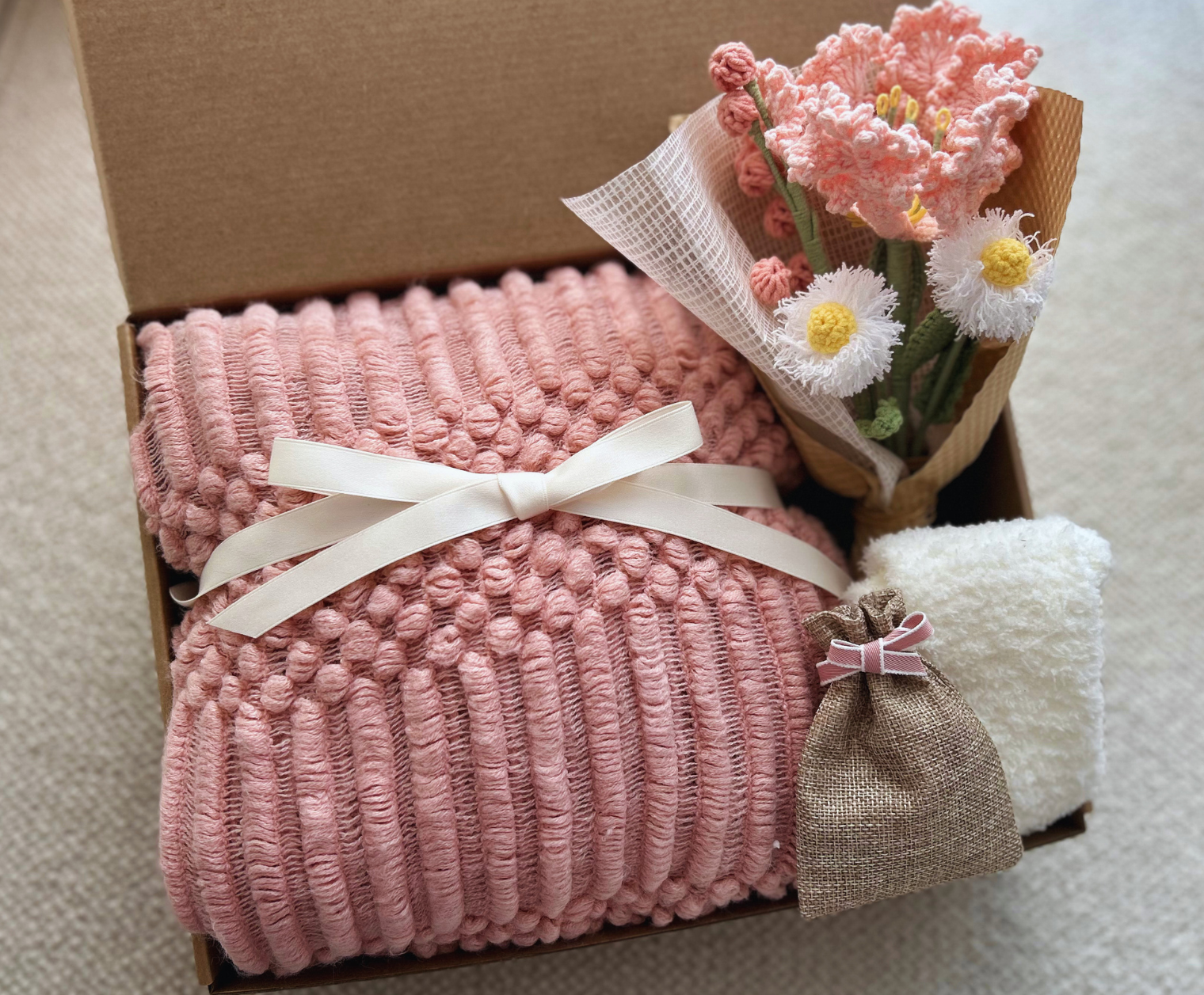 Pink Birthday Baskets with Cozy Blanket & Crochet Bouquet  (Crepe-myrtle) Basketful Gifts
