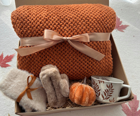 Fall Season Care Package Basket for Women with Thick Blanket & Mug