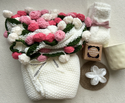 Crochet Flower Blanket Gift Basket Set – Handmade Floral Bouquet with Care Essentials