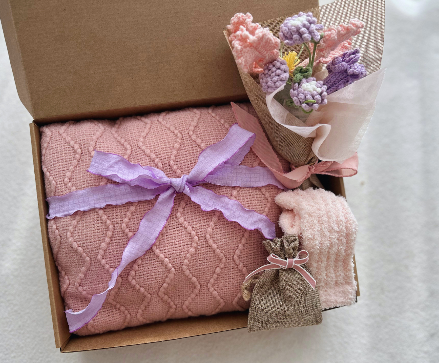 Luxury Pink & Lavender Wellness Gift: Handmade Crochet Bouquet & Cozy Essentials for Her Basketful Gifts