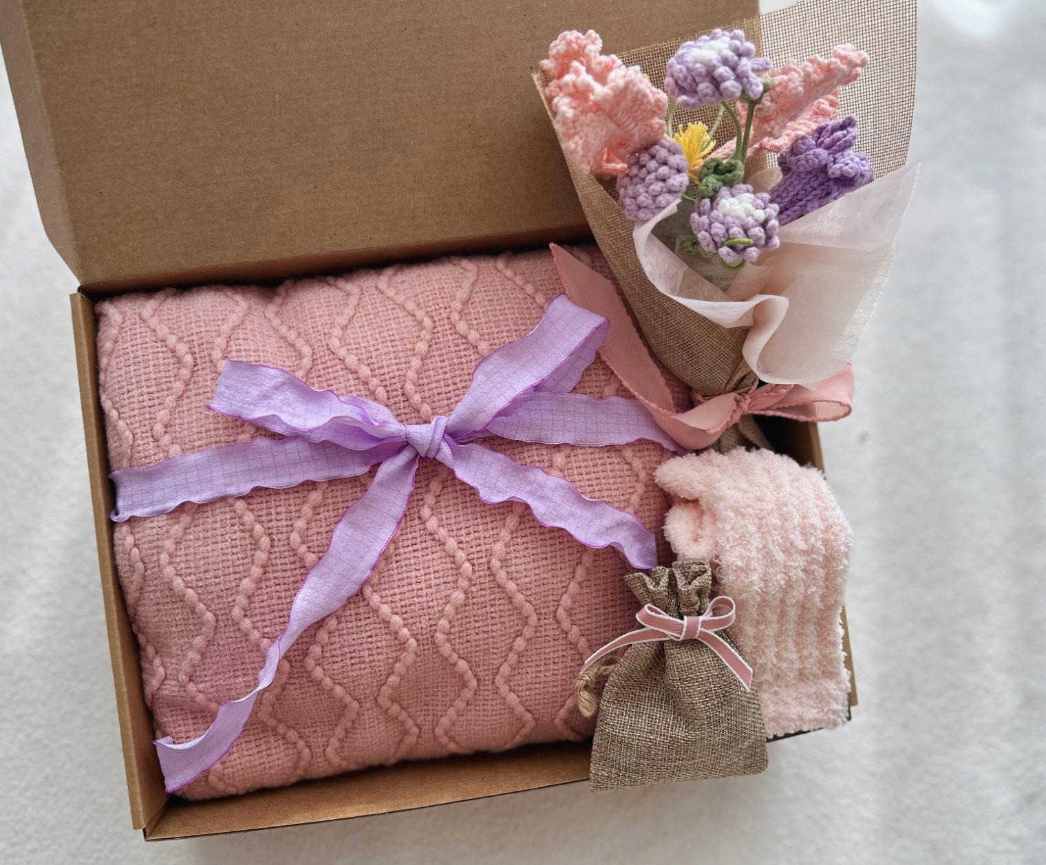 Luxury Pink & Lavender Wellness Gift: Handmade Crochet Bouquet & Cozy Essentials for Her Basketful Gifts