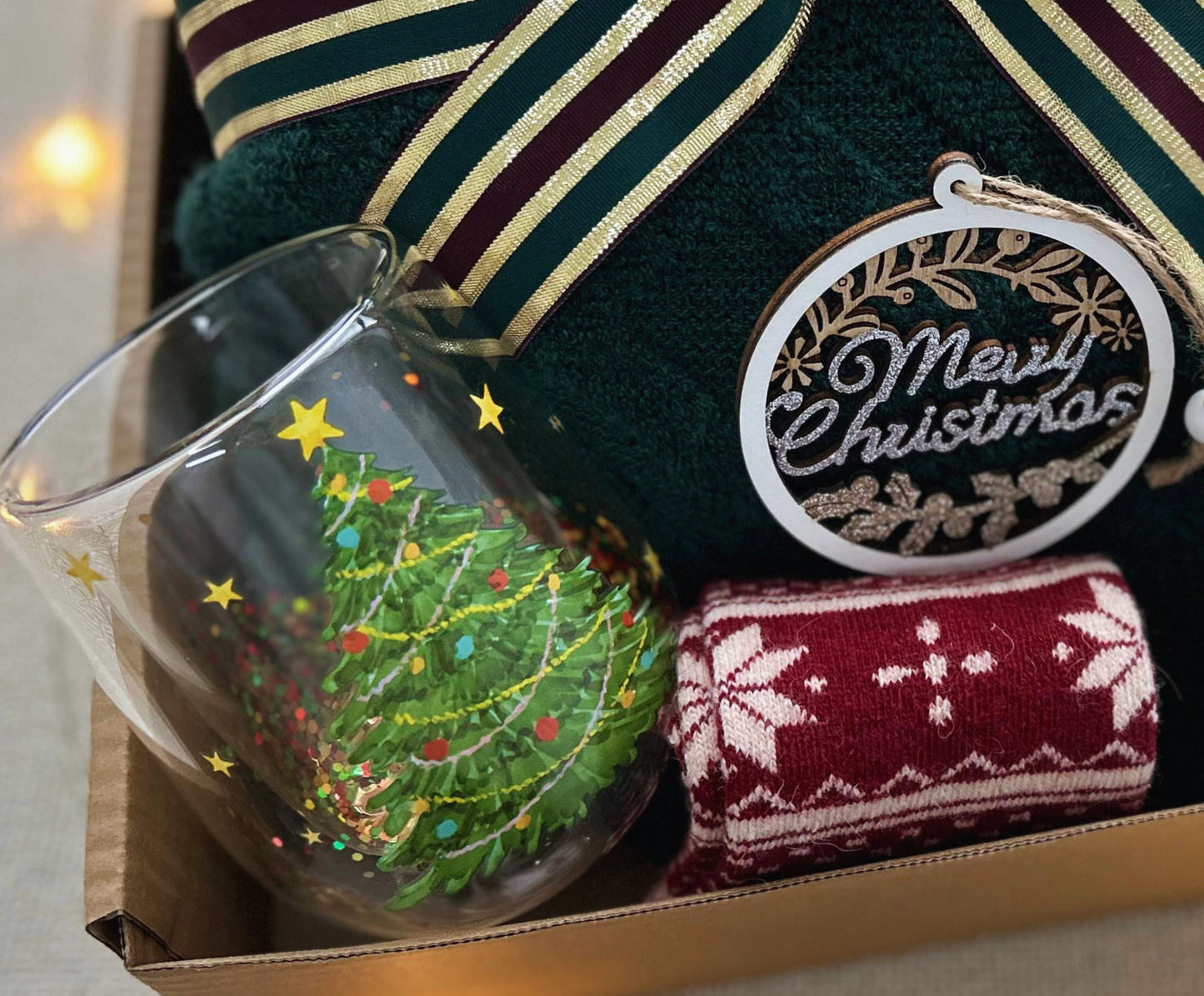 Christmas Gift Baskets with Green Blanket and Xmas Tree Glasses