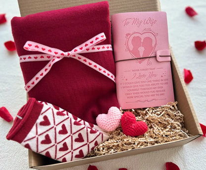 Romantic Valentine’s Gift Box for Wife/Daughter – Cozy Scarf, Journal & Crochet Hearts Basketful Gifts