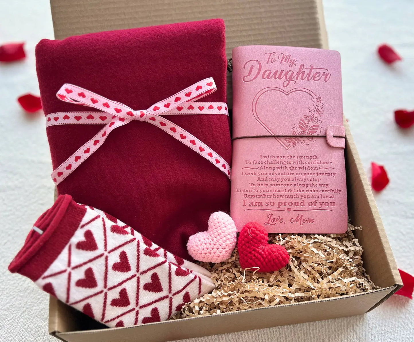 Romantic Valentine’s Gift Box for Wife/Daughter – Cozy Scarf, Journal & Crochet Hearts Basketful Gifts