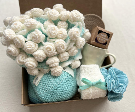 Anniversary Gift Basket with Handmade Crochet Rose Bouquet and Spa Essentials